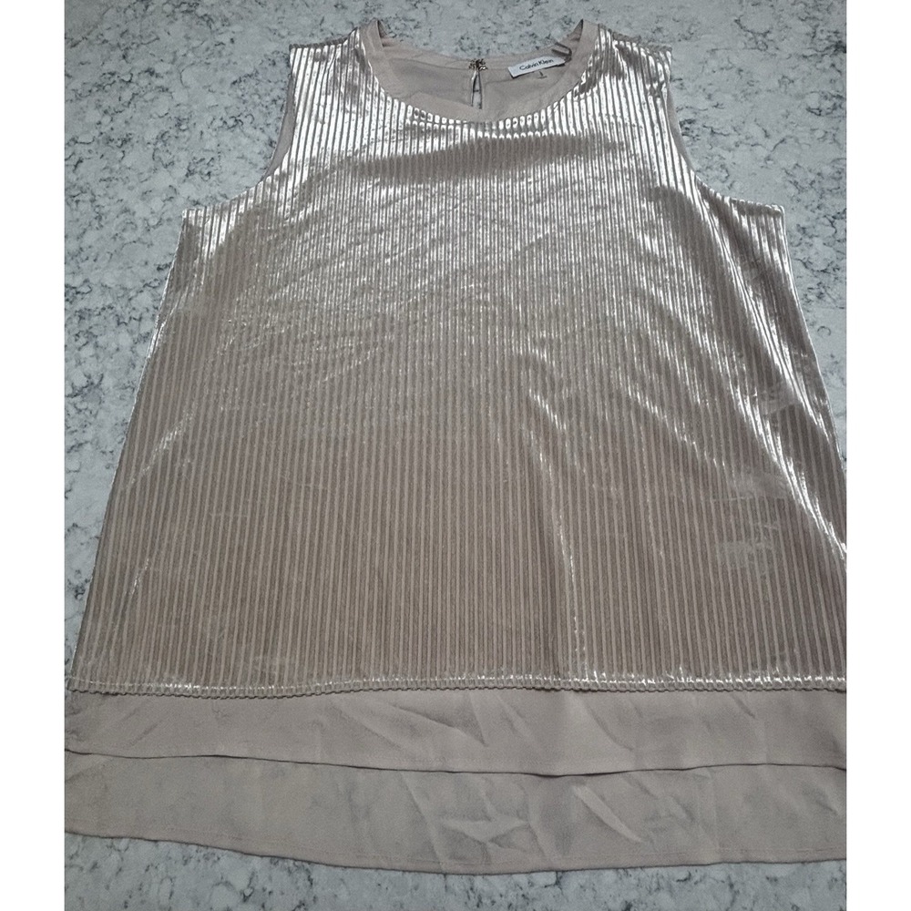 Calvin Klein Women's Large Metallic Pleated Sleeveless Blouse Champagne Top